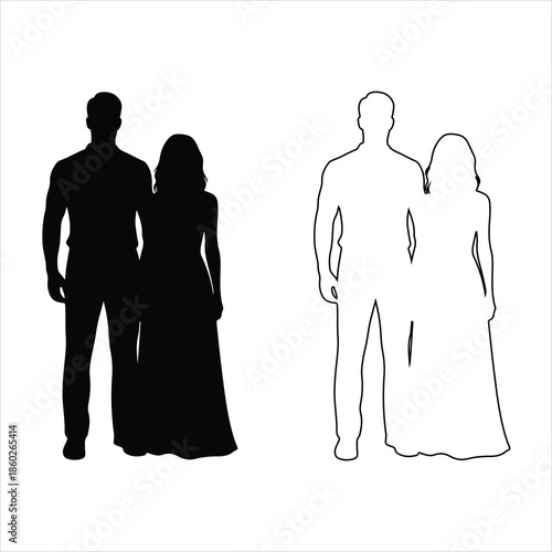 Silhouette people standing, walking, waving, talking, vector illustration of men and women poses, isolated on white background, communication, human figures