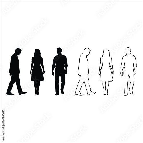 Silhouette people standing, walking, waving, talking, vector illustration of men and women poses, isolated on white background, communication, human figures