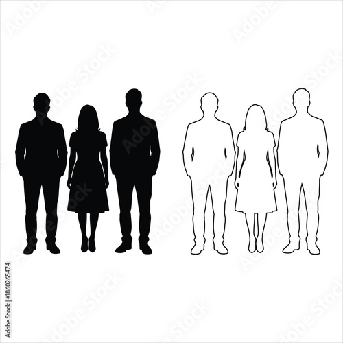 Silhouette people standing, walking, waving, talking, vector illustration of men and women poses, isolated on white background, communication, human figures