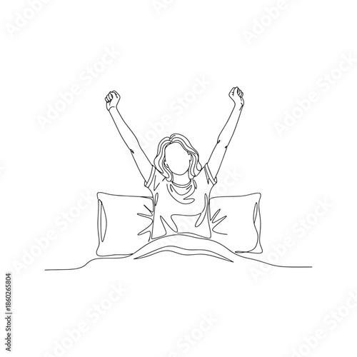 Continuous line drawing of young woman waking up and stretching in bed, minimalist vector illustration of morning routine

