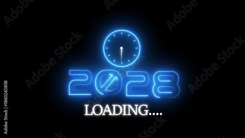 New year 2028 loading animation. Neon new year text animation. New year timer clock icon animation.2028 Loading Overlay with Glowing Segmented Progress Bar Text at Bottom Neon Style Background.