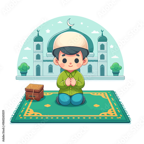Young Muslim boy praying on a prayer mat in front of a mosque.