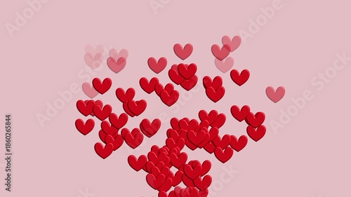 たくさんの小さな赤いハートが飛んで消えるアニメーション。ピンク色の背景。