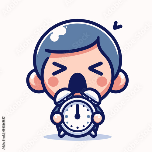 Cartoon character waking up to an alarm clock with a grumpy expression.