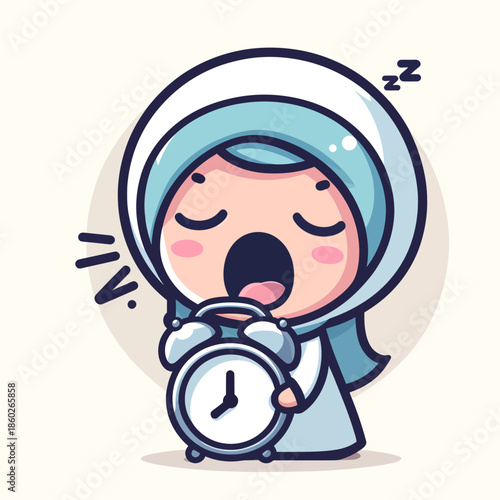 Cartoon character yawning with alarm clock, sleepy morning routine.