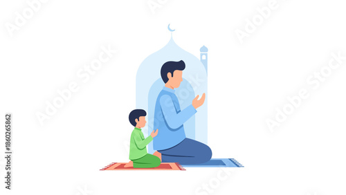 Father and son praying together in a serene mosque environment.