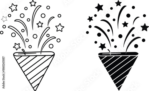 Party popper vector, confetti cannon illustration, celebration design, festive icon, star burst drawing, streamer sketch, black silhouette, outline style, event art, party graphic