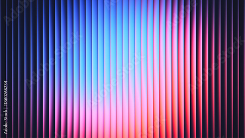 Abstract fractal glass background with circular neon gradient glowing through ribbed transparent layers. Luminous neon gradient spreads softly behind ribbed glass textures forming circular focal glow