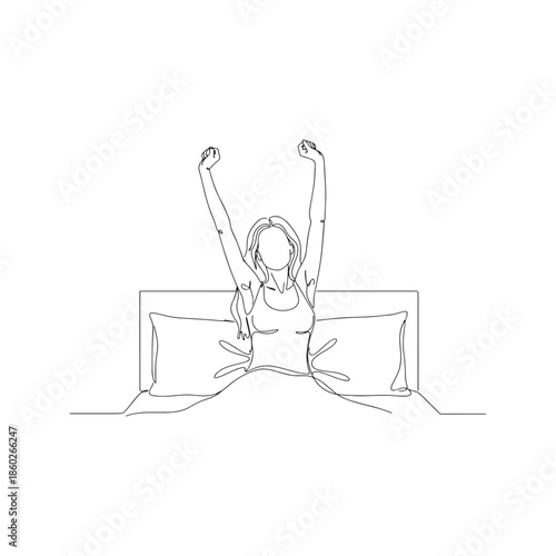 Continuous line drawing of young woman waking up and stretching in bed, minimalist vector illustration of morning routine
