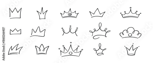 Hand drawn doodle crowns set. King crown sketches, majestic tiara, king and queen royal diadems. Vector illustration isolated in doodle style on white background