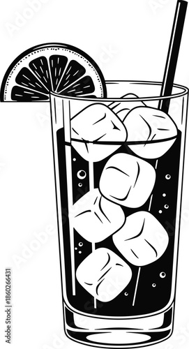 Refreshing drink vector, tall glass illustration, citrus slice design, ice cubes drawing, straw sketch, carbonated beverage art, summer refreshment, black and white 