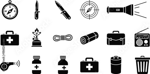 Survival gear icons, camping essentials, outdoor equipment, emergency kit, vector silhouette, hiking tools, adventure supplies, flat design, cad drawing, 