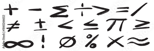  hand drawn ink brush math symbols set on white background