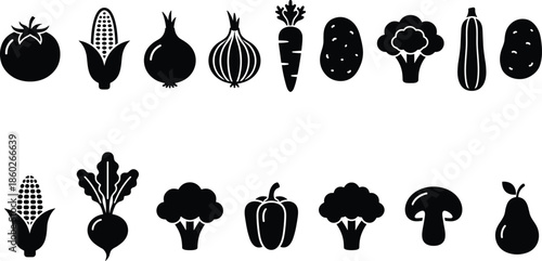 Vegetable and fruit silhouette vector illustration, tomato icon, corn design, onion bulb, carrot root, potato graphic, broccoli shape, mushroom symbol, pear art, healthy food 