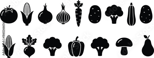 Vegetable and fruit silhouette vector illustration, tomato icon, corn design, onion bulb, carrot root, potato graphic, broccoli shape, mushroom symbol, pear art