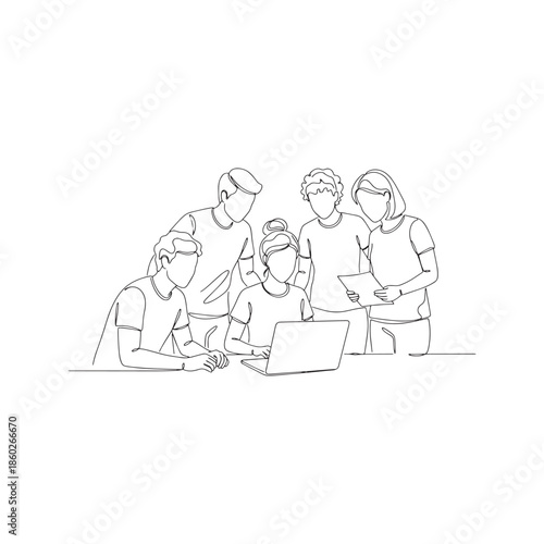 Continuous line drawing of group working together with laptop, minimalist vector illustration of team collaboration and brainstorming
