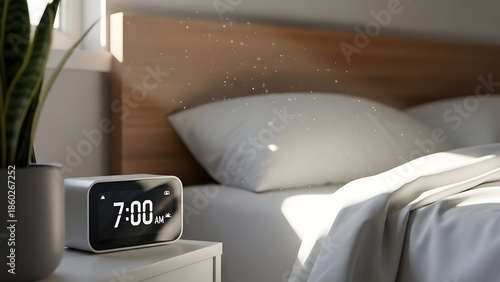 Modern Digital Alarm Clock Waking Up in a Bright Morning Bedroom