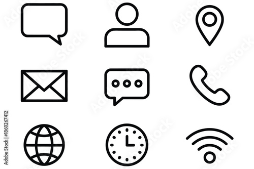 Contact us vector line icon set, communication symbols for business phone, email, message, chat, location, user, and web, outline pictogram illustrations