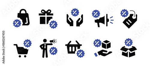 Offer icon set, containing promotion, sale, discount, shopping, retail, marketing and more. Solid vector icon symbol illustration.