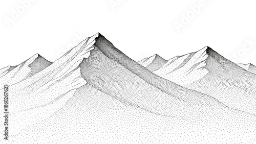 A detailed black and white illustration of a rugged mountain range with snow capped peaks and varied terrain, set against a plain background