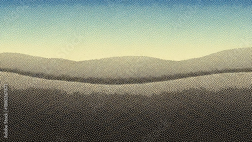 Pointillist artwork of serene sand dunes landscape with gradient sky