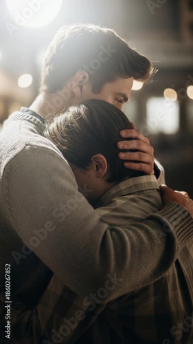 Emotional moment of two men hugging tightly for comfort and support at night.