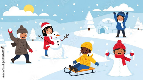 Children playing in the snow building a snowman and sledding winter outdoor activity illustration for holiday and seasonal concepts
