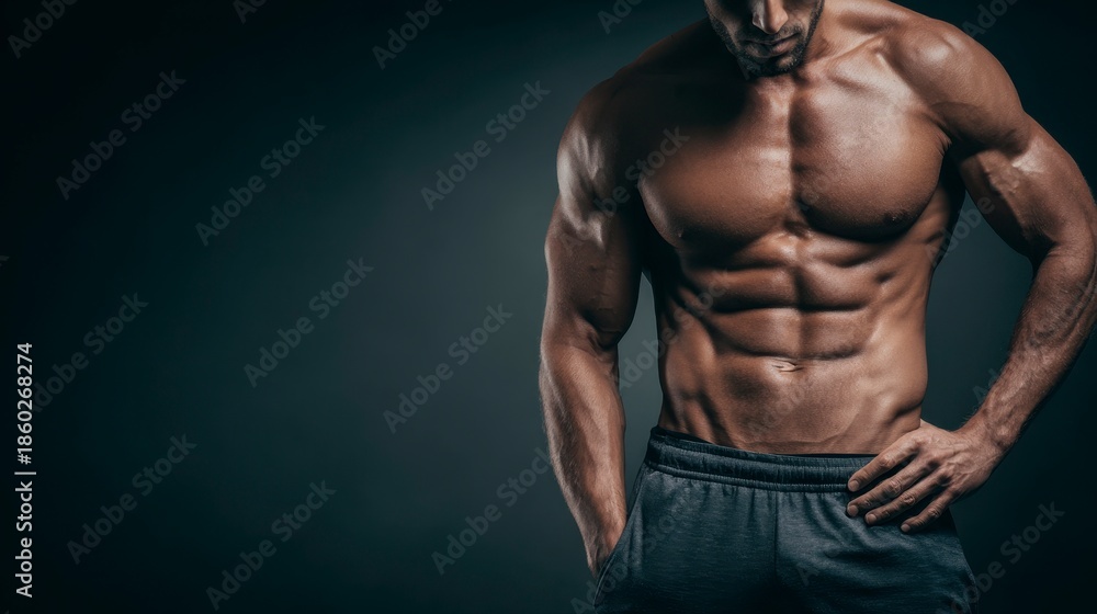 Fototapeta premium A muscular, shirtless man stands with one hand in his pocket. He has a tanned complexion and a chiseled physique. The lighting accentuates his toned body