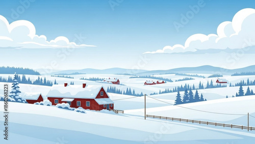 Winter landscape with red houses and snow-covered fields a serene rural scene with pine trees and rolling hills perfect for holiday or seasonal themes