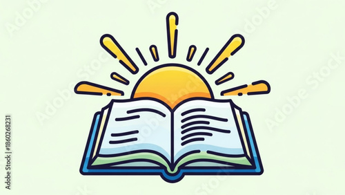 Open book with sun rising behind it, symbolizing knowledge and learning, education and growth concept