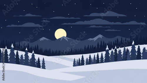 Winter night landscape with moonlit mountains snow-covered hills and pine forest flat vector illustration for seasonal backgrounds and nature themes