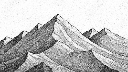 Detailed stippled illustration of rugged mountain range with snow capped peaks and varied shading techniques