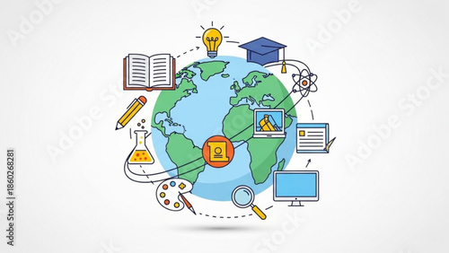 Global education and learning concept with various icons around the world