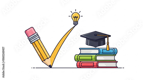 Colorful illustration of pencil forming checkmark with lightbulb idea above stack of books and graduation cap for education concepts