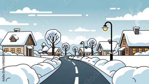 Winter village scene with snow-covered houses and a road flat vector illustration for holiday greetings and seasonal concepts