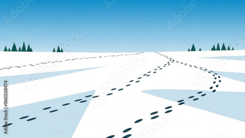Footprints in the snow leading across a vast flat winter landscape with distant trees under a clear blue sky representing a journey or exploration