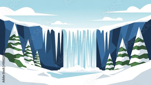 Frozen waterfall landscape with snow covered trees and cliffs winter scene illustration for nature and travel concepts flat design