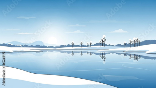Winter landscape with frozen lake and snow-covered hills serene natural scenery for seasonal design and outdoor themes