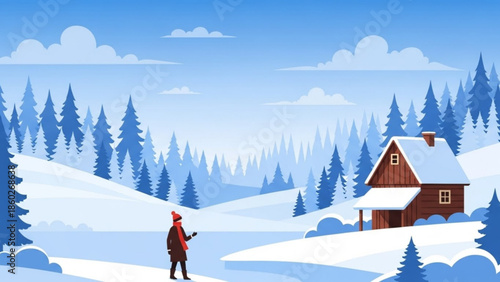 Cozy winter cabin nestled in a snowy forest landscape with a person admiring the serene view perfect for holiday and travel themes