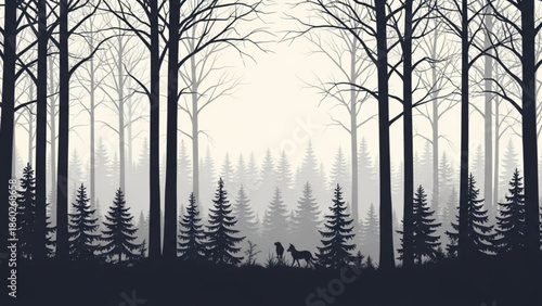 Silhouetted forest scene with bare trees and evergreen pines a dog and person walking in the mist representing nature and solitude