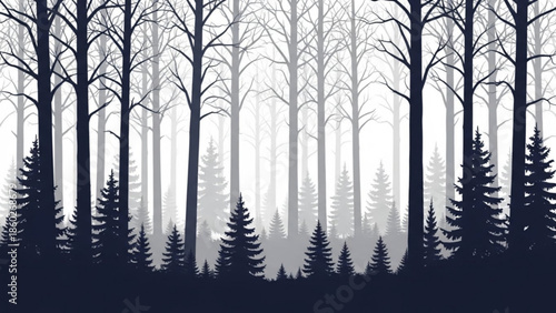 Dark forest silhouette with bare trees and pine trees atmospheric misty woodland landscape vector illustration for nature backgrounds and design