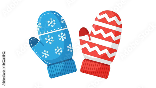 Cozy Winter Mittens A Pair of Warm Blue and Red Hand Warmers for Cold Weather
