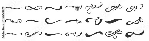 Vintage swirl ornament line style flourishes set. Filigree calligraphic decorative curls and dividers for elegant design on transparent background