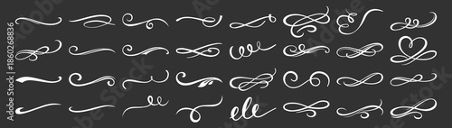 Vintage swirl ornament line style flourishes set. Filigree calligraphic decorative curls and dividers for elegant design on transparent background