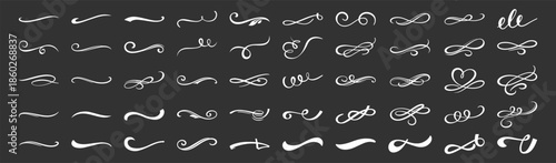 Vintage swirl ornament line style flourishes set. Filigree calligraphic decorative curls and dividers for elegant design on transparent background