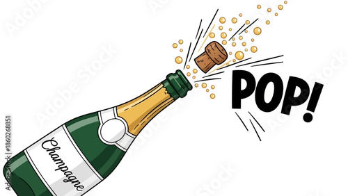 Champagne bottle popping cork with POP text and bubbles celebrating success or special occasions