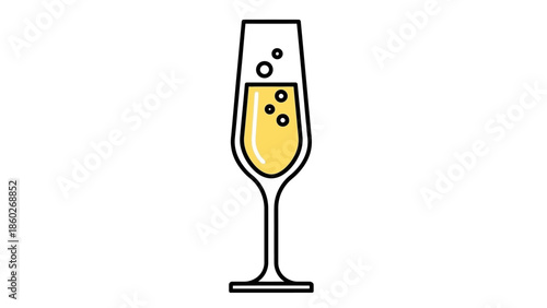 Minimalist Line Art Icon of a Sparkling Champagne Flute Filled with Bubbly Yellow Drink, Representing Celebration and Festive Toasts