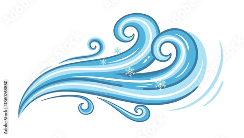 Dynamic illustration of strong winter wind with swirling blue gusts and falling snowflakes, depicting cold weather conditions and air movement