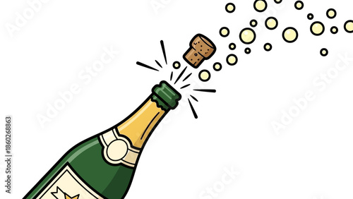 Exuberant Sparkling Wine Bottle Pop Celebration Cartoon Vector Illustration – Perfect for New Year's Eve Parties and Festive Occasions