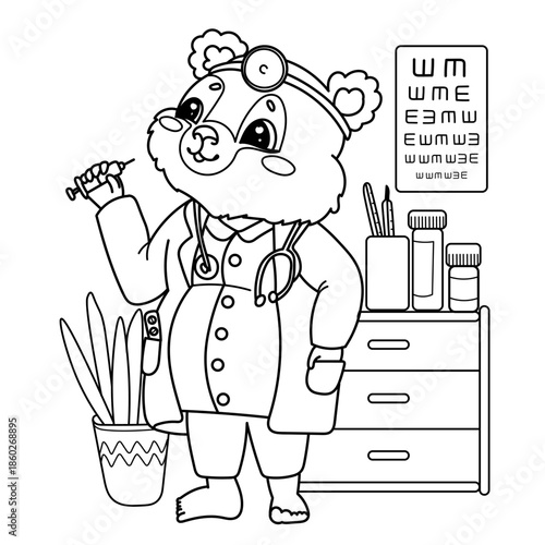 Vector illustration children's coloring book about professions. Linear bear doctor
